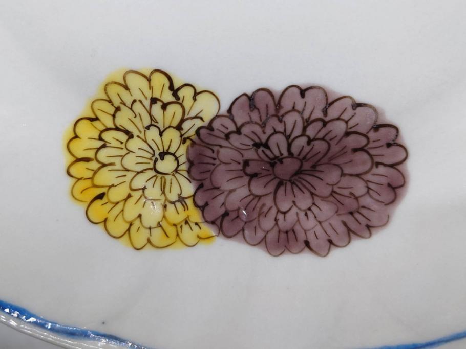 正木春蔵　九谷焼　染付　約19cm　6.2寸　食卓を明るく彩る中皿5枚セット(菊、花、和皿、和食器、なます皿、裏印、六寸二分)(R-079517)