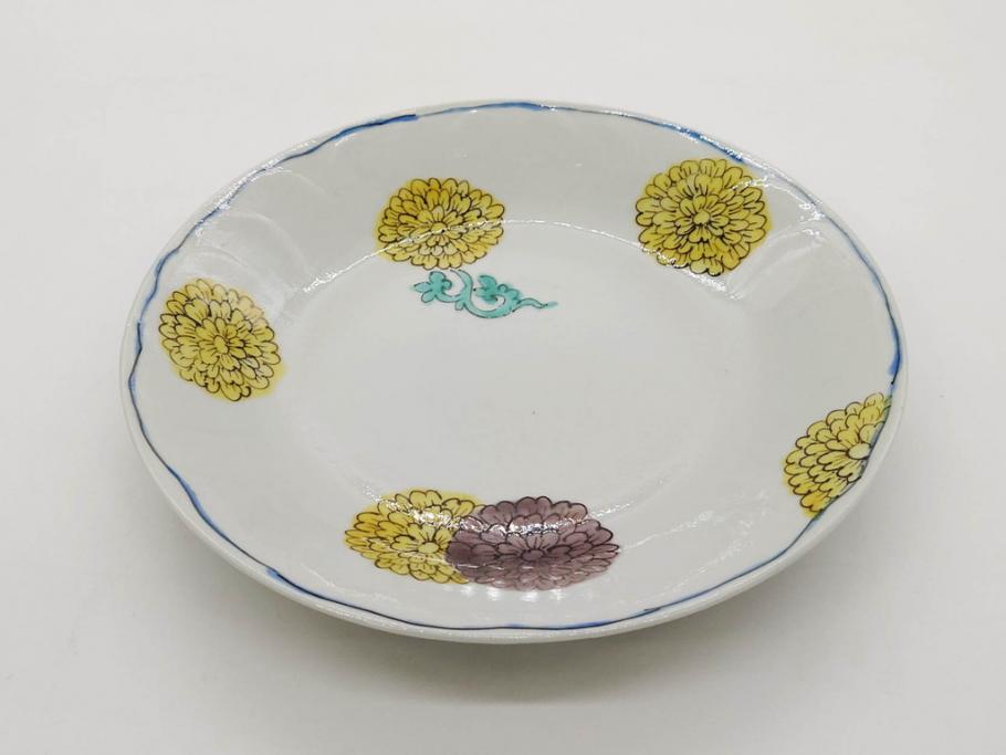 正木春蔵　九谷焼　染付　約19cm　6.2寸　食卓を明るく彩る中皿5枚セット(菊、花、和皿、和食器、なます皿、裏印、六寸二分)(R-079517)