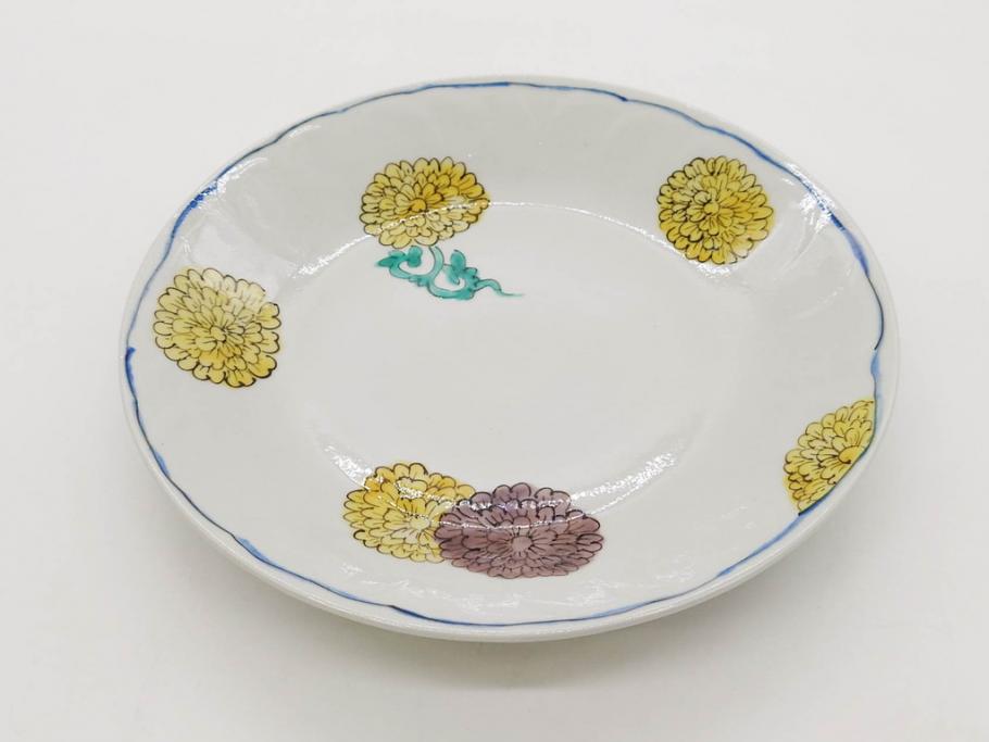 正木春蔵　九谷焼　染付　約19cm　6.2寸　食卓を明るく彩る中皿5枚セット(菊、花、和皿、和食器、なます皿、裏印、六寸二分)(R-079517)
