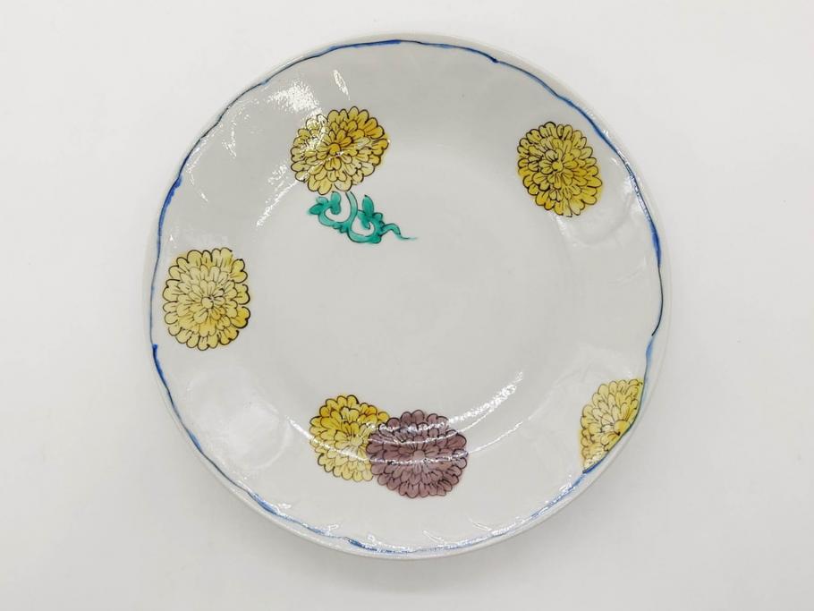 正木春蔵　九谷焼　染付　約19cm　6.2寸　食卓を明るく彩る中皿5枚セット(菊、花、和皿、和食器、なます皿、裏印、六寸二分)(R-079517)