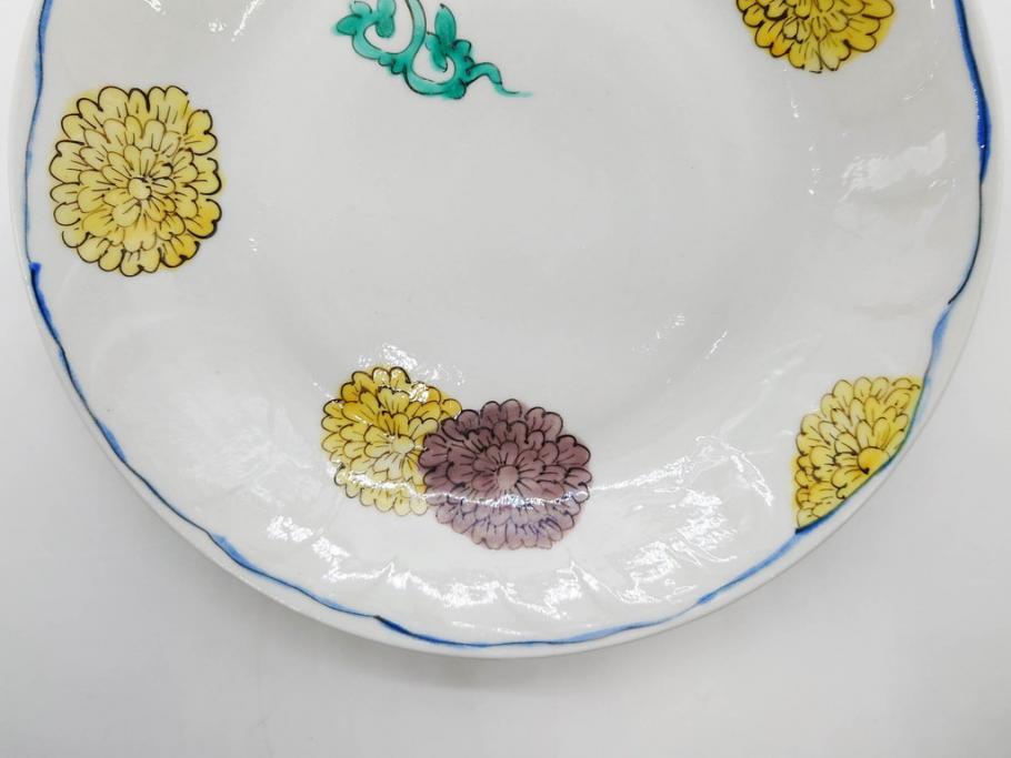正木春蔵　九谷焼　染付　約19cm　6.2寸　食卓を明るく彩る中皿5枚セット(菊、花、和皿、和食器、なます皿、裏印、六寸二分)(R-079517)