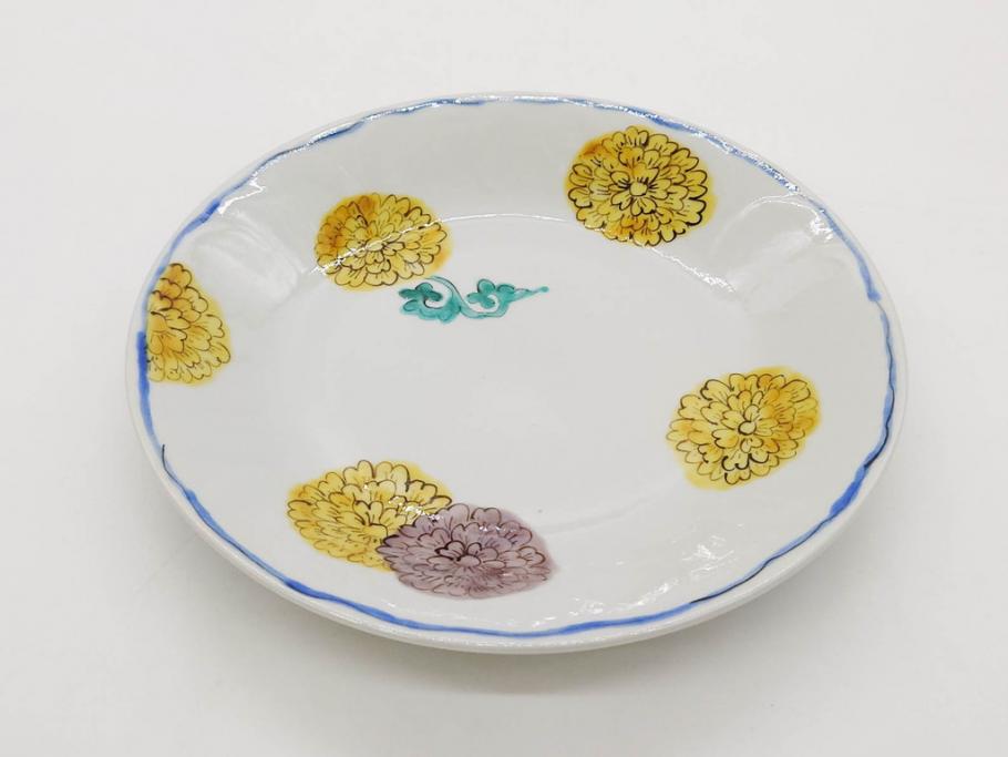 正木春蔵　九谷焼　染付　約19cm　6.2寸　食卓を明るく彩る中皿5枚セット(菊、花、和皿、和食器、なます皿、裏印、六寸二分)(R-079517)