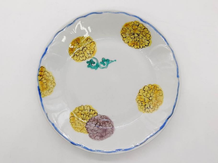 正木春蔵　九谷焼　染付　約19cm　6.2寸　食卓を明るく彩る中皿5枚セット(菊、花、和皿、和食器、なます皿、裏印、六寸二分)(R-079517)