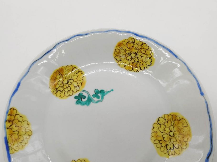正木春蔵　九谷焼　染付　約19cm　6.2寸　食卓を明るく彩る中皿5枚セット(菊、花、和皿、和食器、なます皿、裏印、六寸二分)(R-079517)