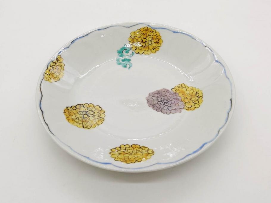正木春蔵　九谷焼　染付　約19cm　6.2寸　食卓を明るく彩る中皿5枚セット(菊、花、和皿、和食器、なます皿、裏印、六寸二分)(R-079517)
