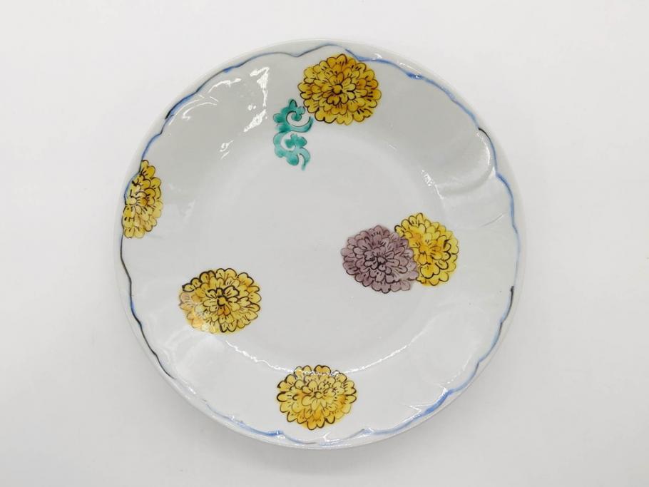 正木春蔵　九谷焼　染付　約19cm　6.2寸　食卓を明るく彩る中皿5枚セット(菊、花、和皿、和食器、なます皿、裏印、六寸二分)(R-079517)
