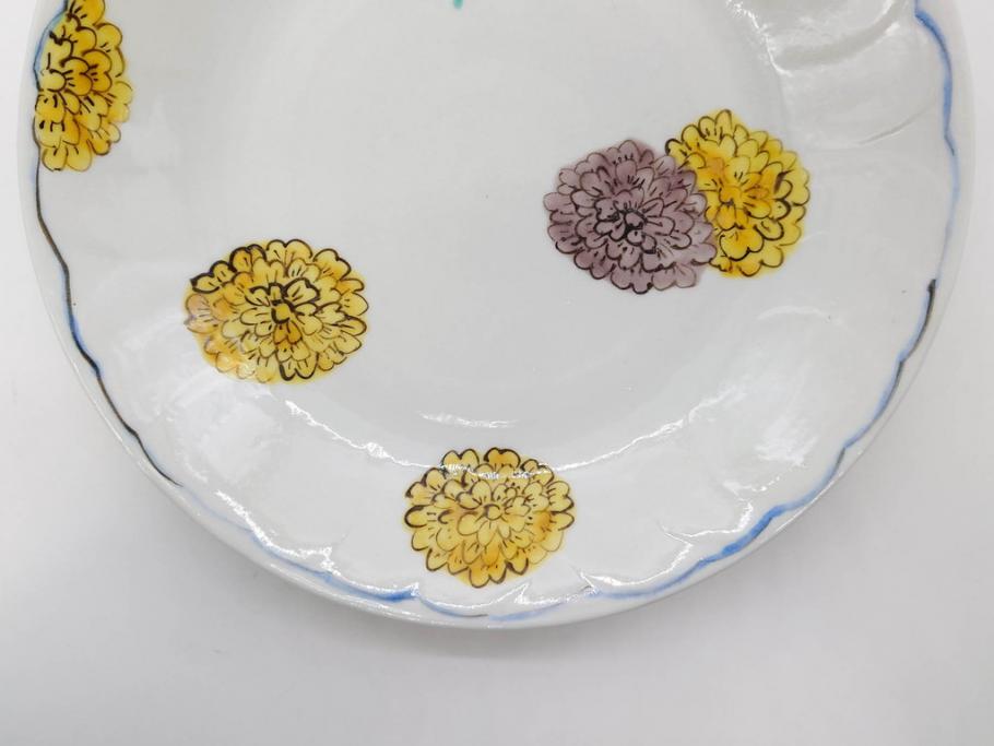 正木春蔵　九谷焼　染付　約19cm　6.2寸　食卓を明るく彩る中皿5枚セット(菊、花、和皿、和食器、なます皿、裏印、六寸二分)(R-079517)