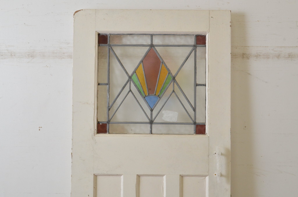 イギリスアンティーク　ペイント仕上げ限定!　ステンドグラス入りのシンプルなペイントドア1枚(玄関ドア、玄関扉、英国)(R-064949)