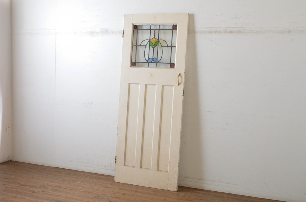 イギリスアンティーク　ペイント仕上げ限定!　ステンドグラス入りのシンプルなペイントドア(玄関ドア、玄関扉、英国)(R-064950)
