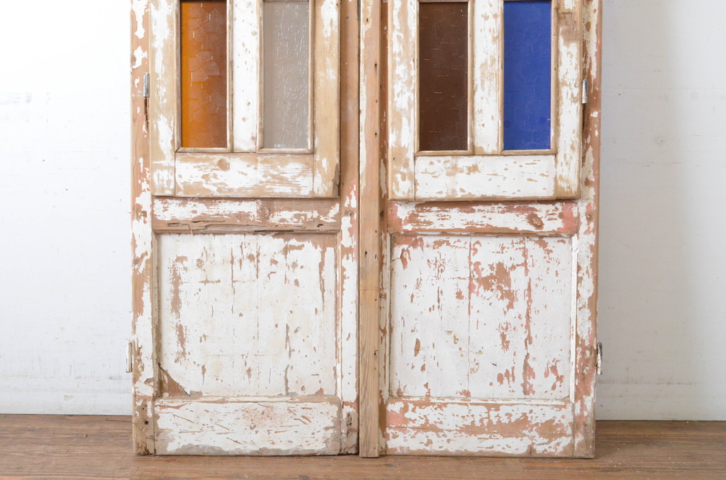 海外アンティーク!ペイント仕上げ限定!色ガラス入りの両開きペイントドア一対(1対2枚セット)(両開き扉、玄関ドア、玄関扉、建具、観音扉)(R-064951)