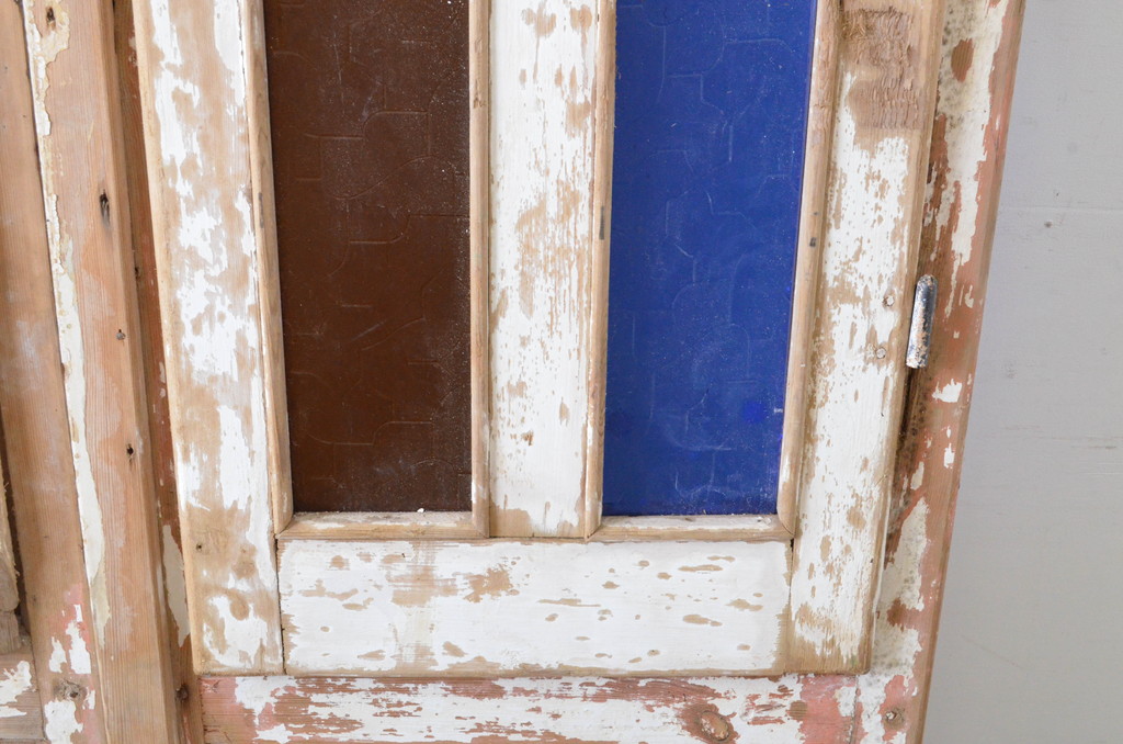 海外アンティーク!ペイント仕上げ限定!色ガラス入りの両開きペイントドア一対(1対2枚セット)(両開き扉、玄関ドア、玄関扉、建具、観音扉)(R-064951)