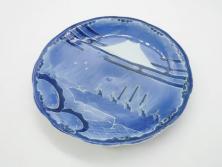 江戸期　古伊万里　染付　富士山・山水図　約30cm　9.7寸　丁寧な絵付けが優美な大皿(干し網、ツバメ、海、波、風景、和皿、和食器、九寸七分)(R-079557)