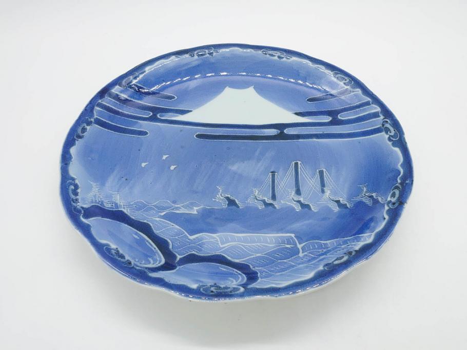江戸期　古伊万里　染付　富士山・山水図　約30cm　9.7寸　丁寧な絵付けが優美な大皿(干し網、ツバメ、海、波、風景、和皿、和食器、九寸七分)(R-079557)