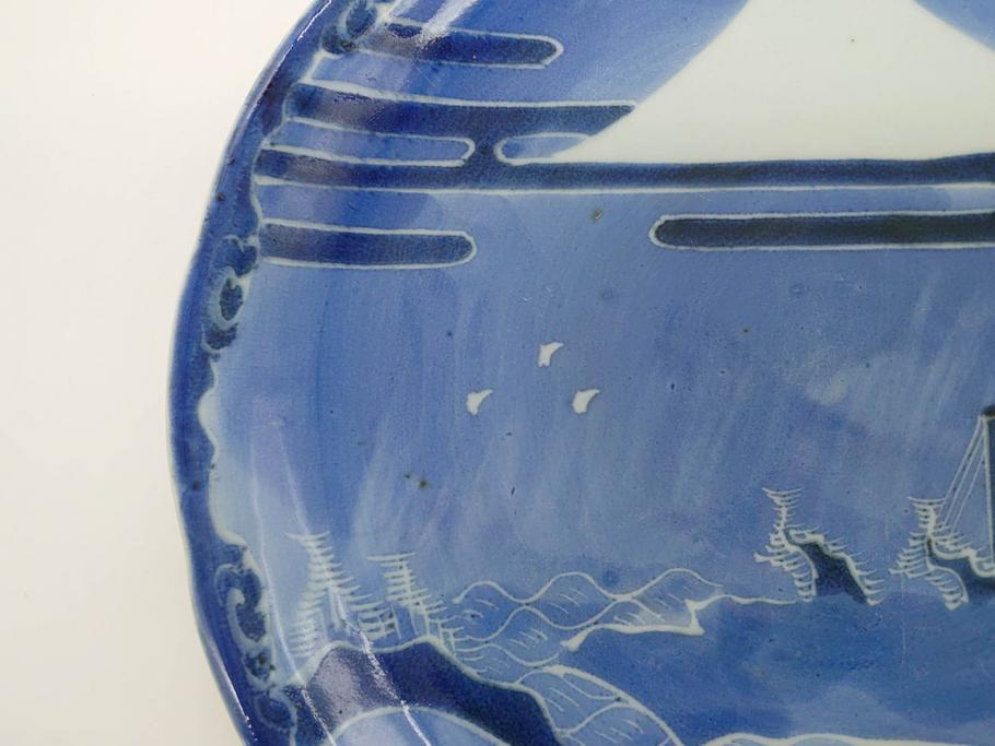 江戸期　古伊万里　染付　富士山・山水図　約30cm　9.7寸　丁寧な絵付けが優美な大皿(干し網、ツバメ、海、波、風景、和皿、和食器、九寸七分)(R-079557)