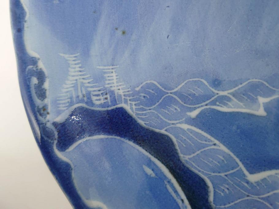 江戸期　古伊万里　染付　富士山・山水図　約30cm　9.7寸　丁寧な絵付けが優美な大皿(干し網、ツバメ、海、波、風景、和皿、和食器、九寸七分)(R-079557)