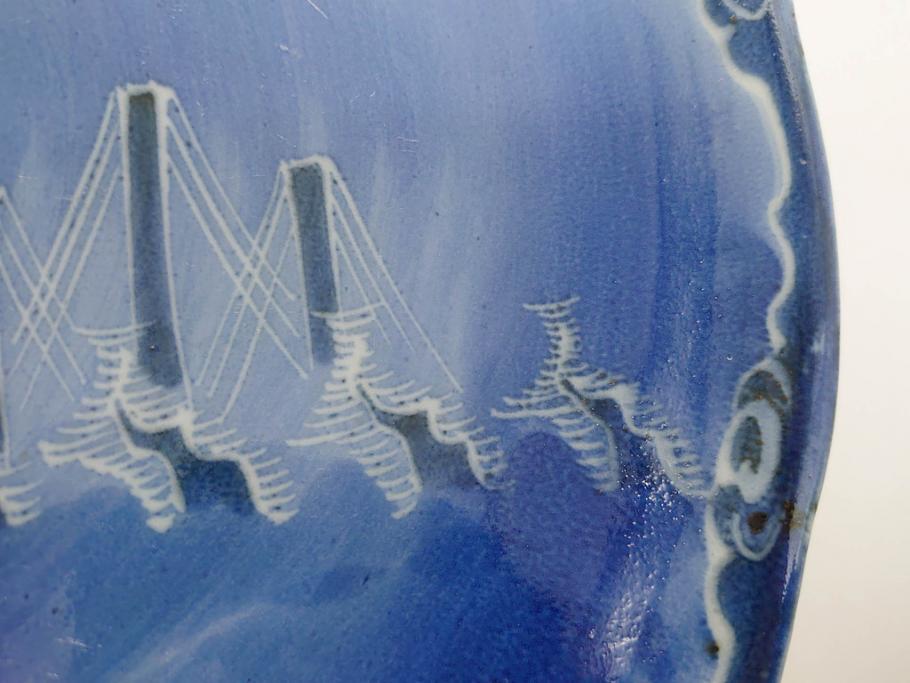 江戸期　古伊万里　染付　富士山・山水図　約30cm　9.7寸　丁寧な絵付けが優美な大皿(干し網、ツバメ、海、波、風景、和皿、和食器、九寸七分)(R-079557)