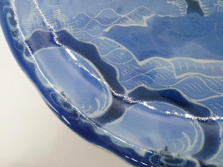 江戸期　古伊万里　染付　富士山・山水図　約30cm　9.7寸　丁寧な絵付けが優美な大皿(干し網、ツバメ、海、波、風景、和皿、和食器、九寸七分)(R-079557)