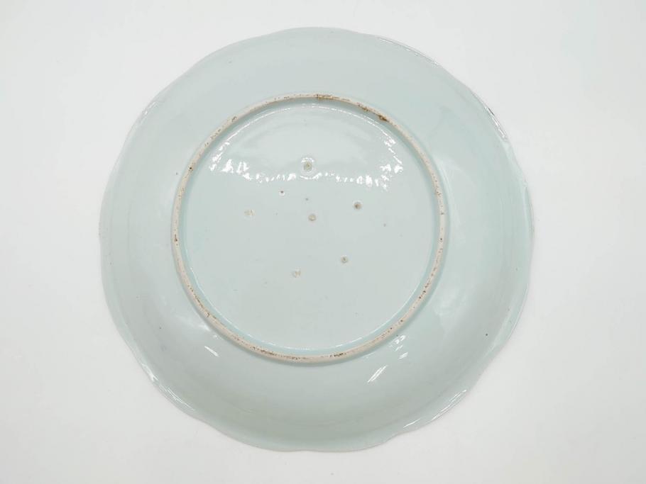 江戸期　古伊万里　染付　富士山・山水図　約30cm　9.7寸　丁寧な絵付けが優美な大皿(干し網、ツバメ、海、波、風景、和皿、和食器、九寸七分)(R-079557)
