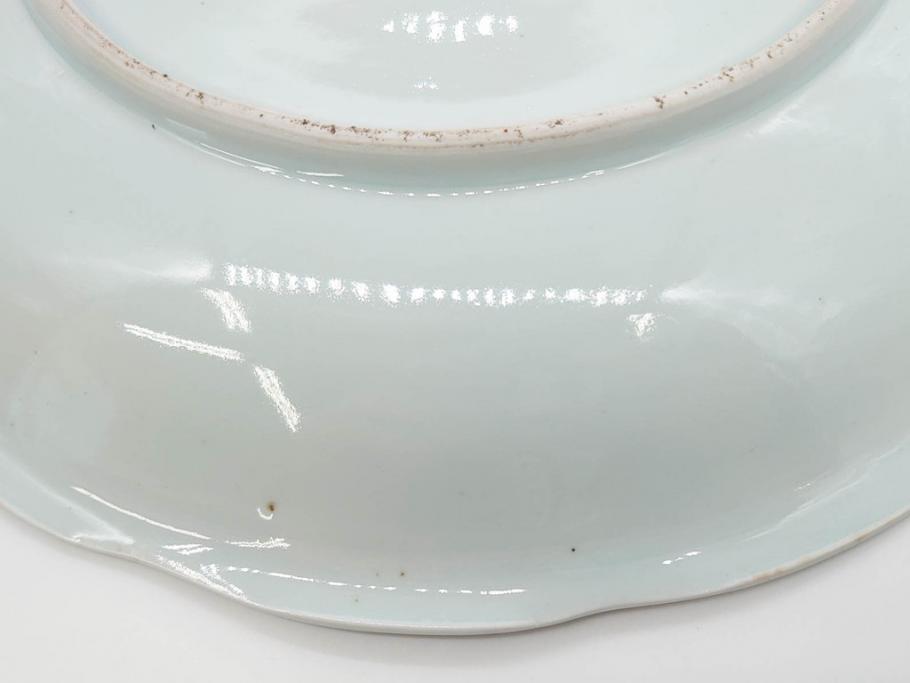 江戸期　古伊万里　染付　富士山・山水図　約30cm　9.7寸　丁寧な絵付けが優美な大皿(干し網、ツバメ、海、波、風景、和皿、和食器、九寸七分)(R-079557)
