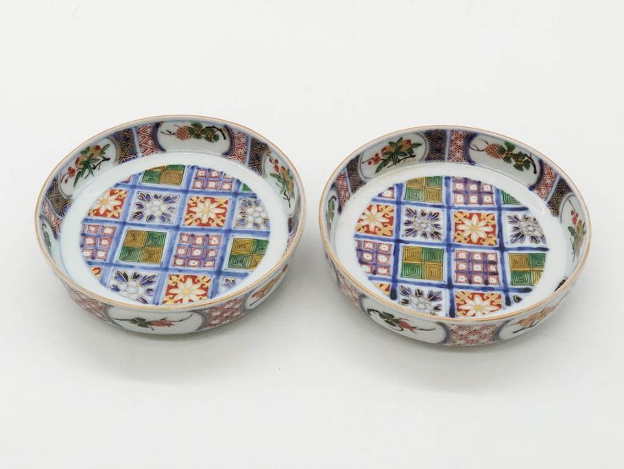 江戸期　大聖寺伊万里　染付　格子文　石畳文　奇玉珍玩　約10cm　3.3寸　華やかで美しい小皿2枚セット(色絵、小紋、梅、菊、花、松、なます皿、豆皿、手塩皿、深皿、和皿、和食器、三寸三分)(R-079560)