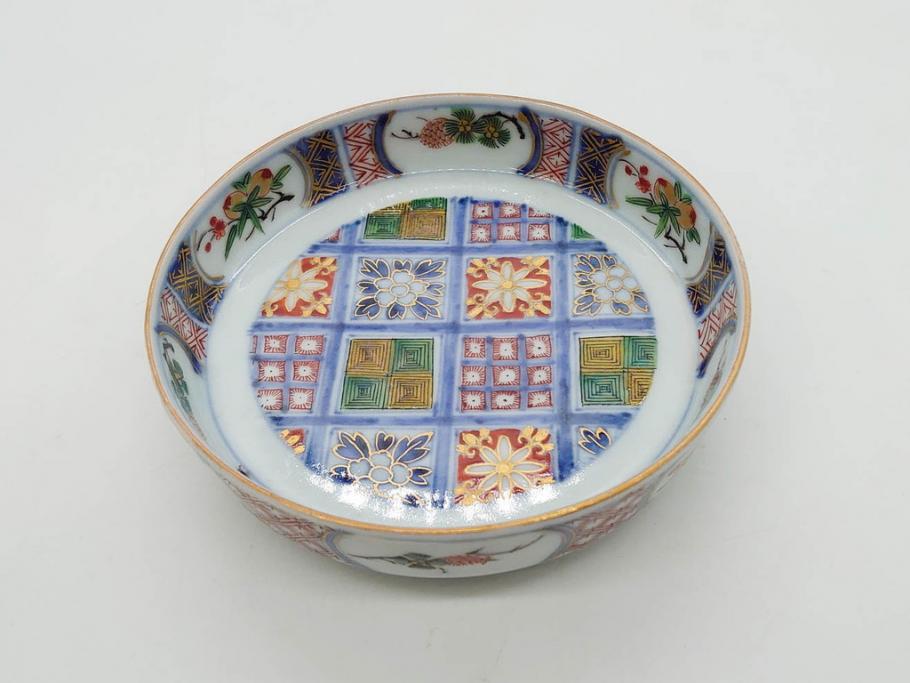江戸期　大聖寺伊万里　染付　格子文　石畳文　奇玉珍玩　約10cm　3.3寸　華やかで美しい小皿2枚セット(色絵、小紋、梅、菊、花、松、なます皿、豆皿、手塩皿、深皿、和皿、和食器、三寸三分)(R-079560)