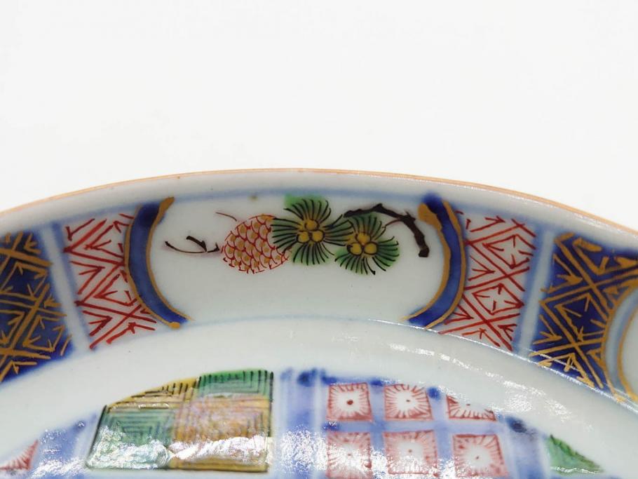 江戸期　大聖寺伊万里　染付　格子文　石畳文　奇玉珍玩　約10cm　3.3寸　華やかで美しい小皿2枚セット(色絵、小紋、梅、菊、花、松、なます皿、豆皿、手塩皿、深皿、和皿、和食器、三寸三分)(R-079560)