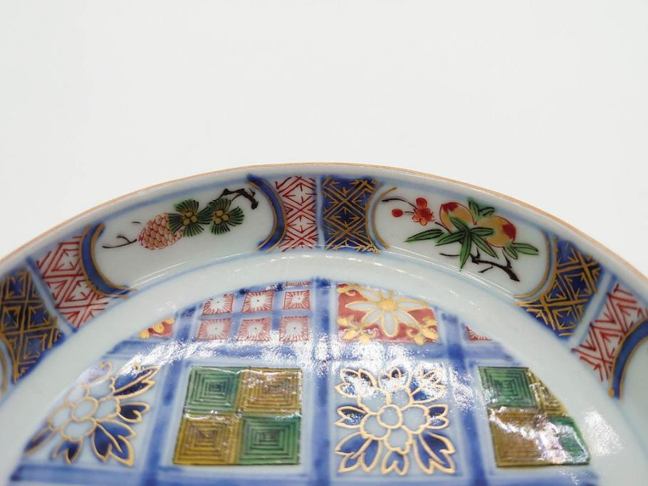 江戸期　大聖寺伊万里　染付　格子文　石畳文　奇玉珍玩　約10cm　3.3寸　華やかで美しい小皿2枚セット(色絵、小紋、梅、菊、花、松、なます皿、豆皿、手塩皿、深皿、和皿、和食器、三寸三分)(R-079560)