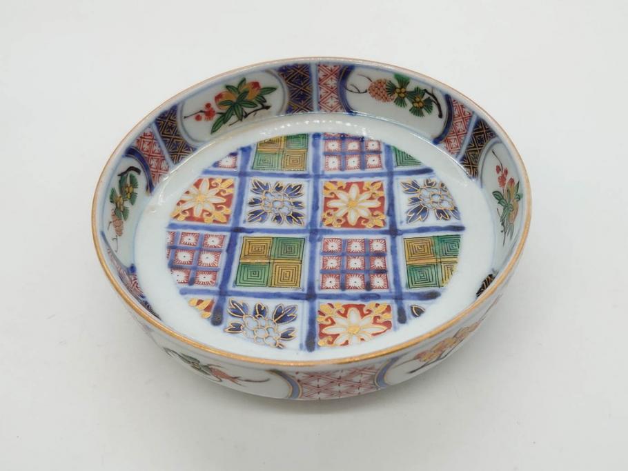 江戸期　大聖寺伊万里　染付　格子文　石畳文　奇玉珍玩　約10cm　3.3寸　華やかで美しい小皿2枚セット(色絵、小紋、梅、菊、花、松、なます皿、豆皿、手塩皿、深皿、和皿、和食器、三寸三分)(R-079560)