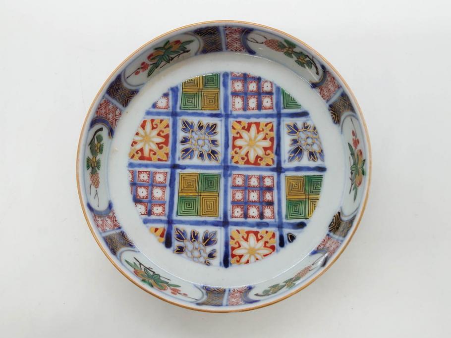江戸期　大聖寺伊万里　染付　格子文　石畳文　奇玉珍玩　約10cm　3.3寸　華やかで美しい小皿2枚セット(色絵、小紋、梅、菊、花、松、なます皿、豆皿、手塩皿、深皿、和皿、和食器、三寸三分)(R-079560)