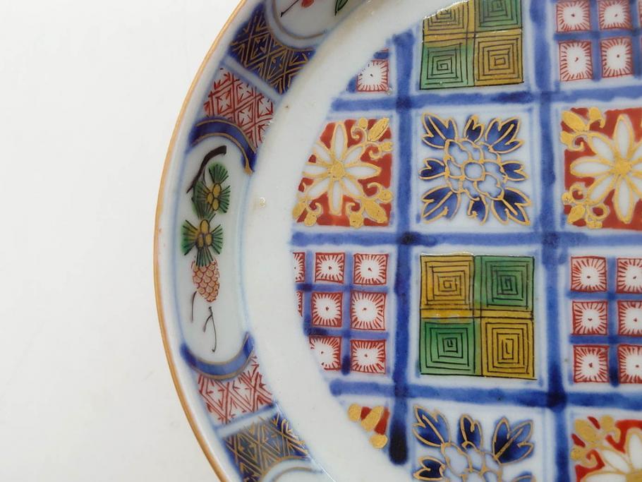 江戸期　大聖寺伊万里　染付　格子文　石畳文　奇玉珍玩　約10cm　3.3寸　華やかで美しい小皿2枚セット(色絵、小紋、梅、菊、花、松、なます皿、豆皿、手塩皿、深皿、和皿、和食器、三寸三分)(R-079560)