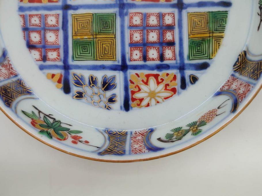 江戸期　大聖寺伊万里　染付　格子文　石畳文　奇玉珍玩　約10cm　3.3寸　華やかで美しい小皿2枚セット(色絵、小紋、梅、菊、花、松、なます皿、豆皿、手塩皿、深皿、和皿、和食器、三寸三分)(R-079560)