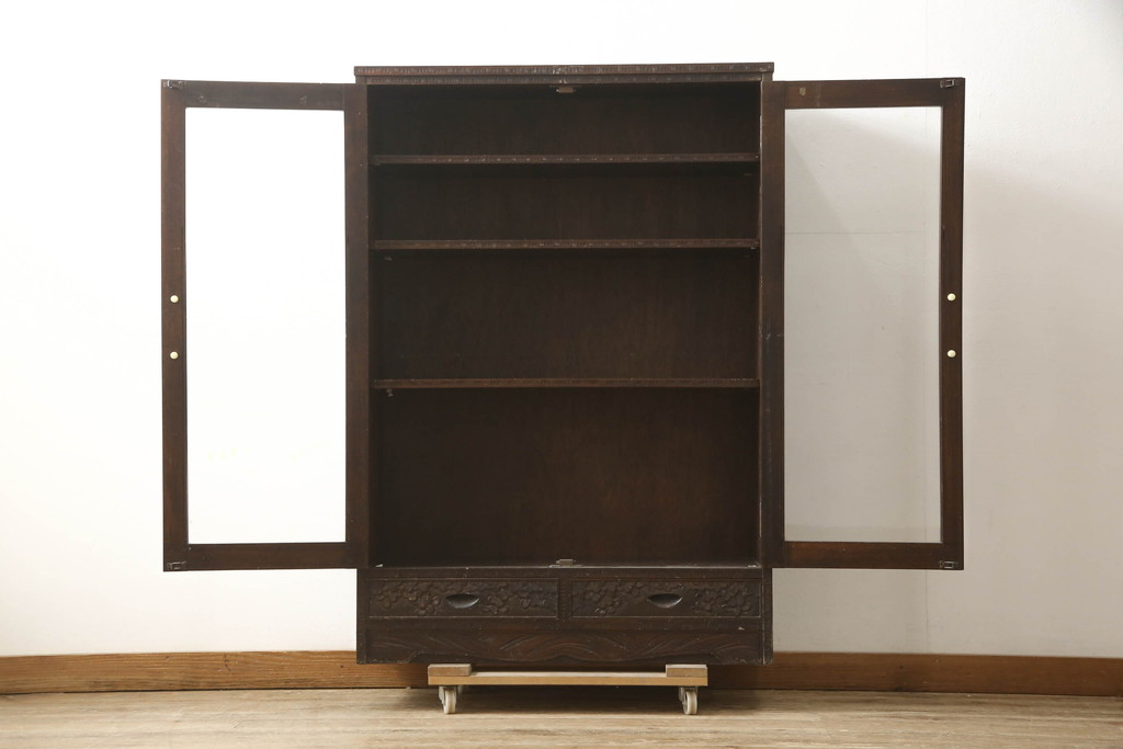 中古　美品　伝統工芸　軽井沢彫り　和モダンな雰囲気漂う本箱(収納棚、戸棚、ブックケース、書棚、飾り棚、キャビネット)(R-060035)