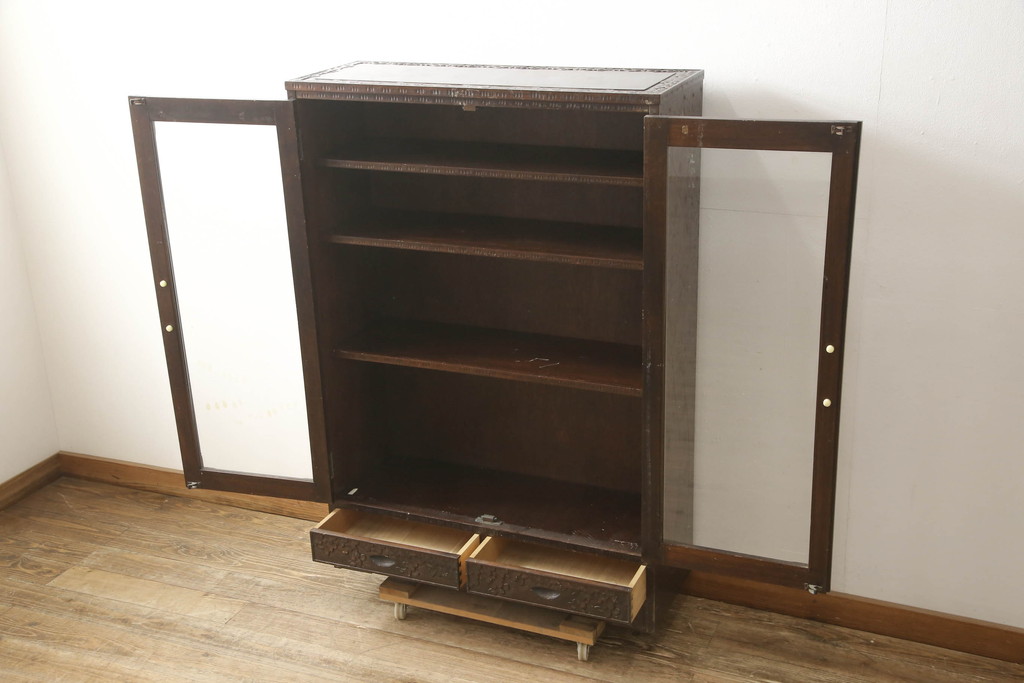 中古　美品　伝統工芸　軽井沢彫り　和モダンな雰囲気漂う本箱(収納棚、戸棚、ブックケース、書棚、飾り棚、キャビネット)(R-060035)