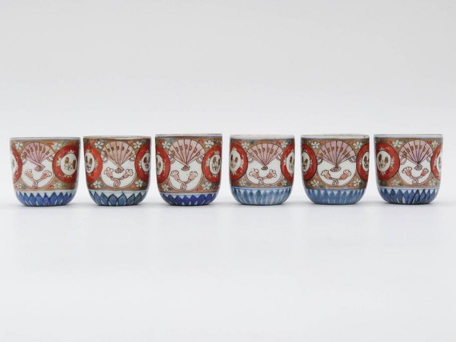 江戸期　古伊万里　染付　細かな絵付けが可愛らしいお猪口6客セット(金彩、扇、梅、花、蕎麦猪口、酒器、おちょこ、御猪口、湯呑み、湯のみ、和食器)(R-079561)