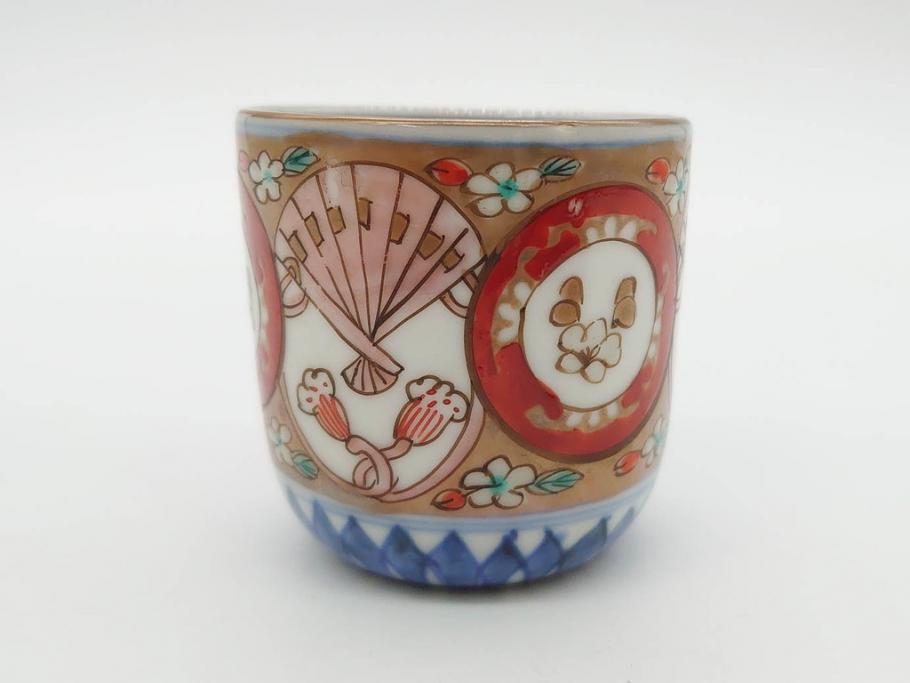 江戸期　古伊万里　染付　細かな絵付けが可愛らしいお猪口6客セット(金彩、扇、梅、花、蕎麦猪口、酒器、おちょこ、御猪口、湯呑み、湯のみ、和食器)(R-079561)