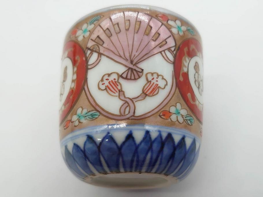 江戸期　古伊万里　染付　細かな絵付けが可愛らしいお猪口6客セット(金彩、扇、梅、花、蕎麦猪口、酒器、おちょこ、御猪口、湯呑み、湯のみ、和食器)(R-079561)