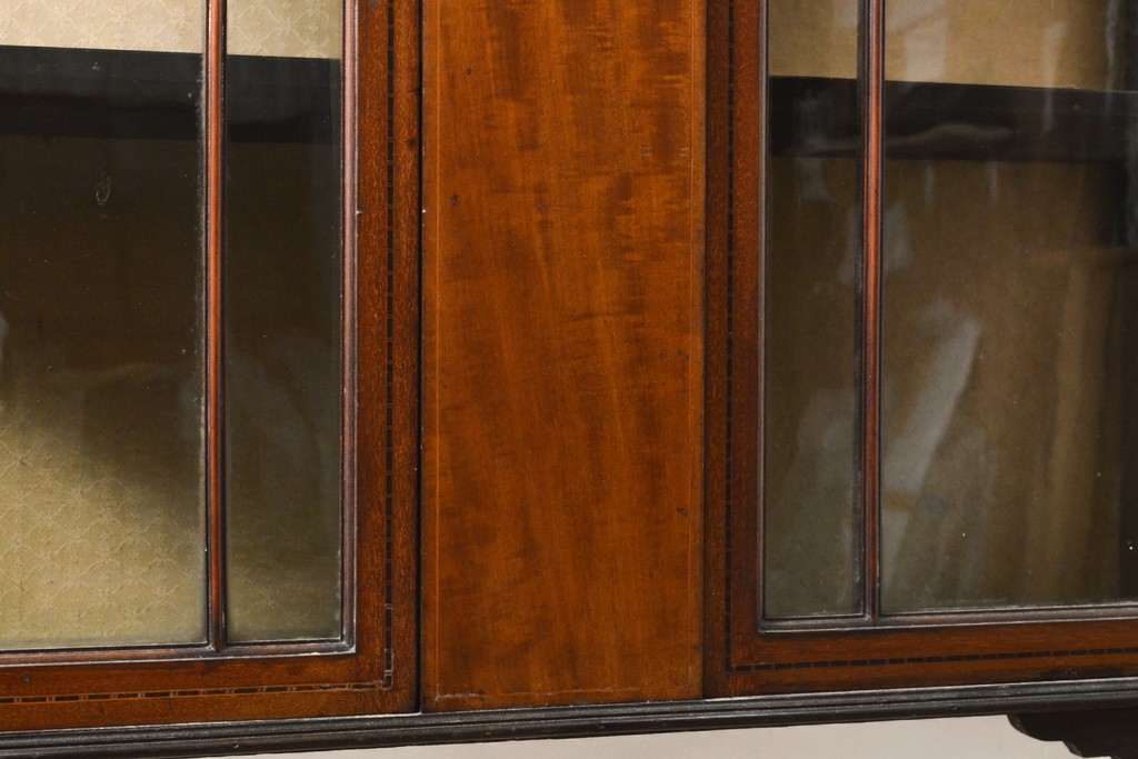 イギリスアンティーク　マホガニー材　細やかな象嵌細工の装飾が目を引くキャビネット(ガラスケース、キュリオケース、チャイナキャビネット、飾り棚、陳列棚)(R-055638)
