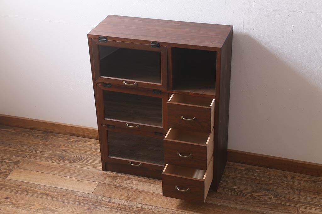 【オーダー注文・受注生産商品】ラフジュ工房オリジナル　古材使用　リメイク家具　パタパタ扉　ディスプレイを楽しめるキャビネット(収納棚、リビングボード)