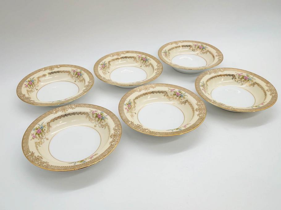 オールドノリタケ　NORITAKE　金彩　煌びやかなデザインが目を惹くボウル6客セット(花、フラワー、プレート、皿、洋食器、サラダ)(R-074111)