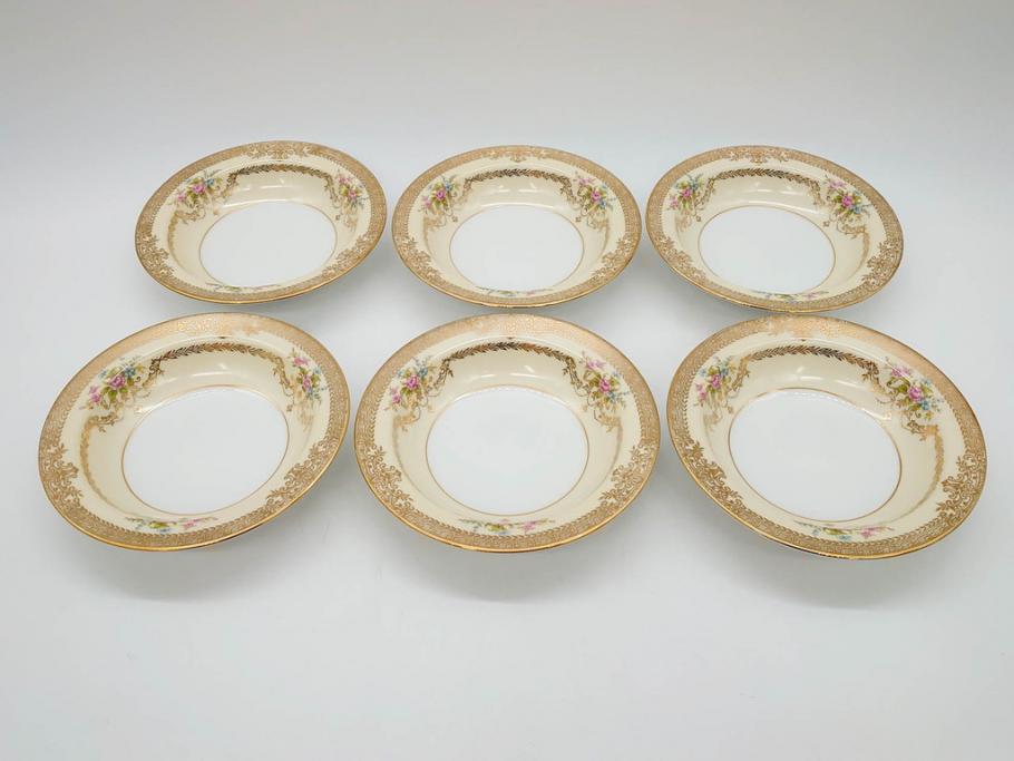 オールドノリタケ　NORITAKE　金彩　煌びやかなデザインが目を惹くボウル6客セット(花、フラワー、プレート、皿、洋食器、サラダ)(R-074111)