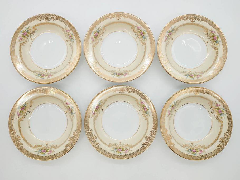 オールドノリタケ　NORITAKE　金彩　煌びやかなデザインが目を惹くボウル6客セット(花、フラワー、プレート、皿、洋食器、サラダ)(R-074111)