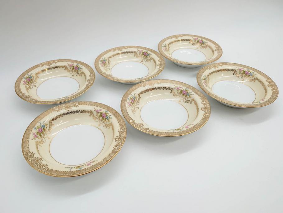 オールドノリタケ　NORITAKE　金彩　煌びやかなデザインが目を惹くボウル6客セット(花、フラワー、プレート、皿、洋食器、サラダ)(R-074112)