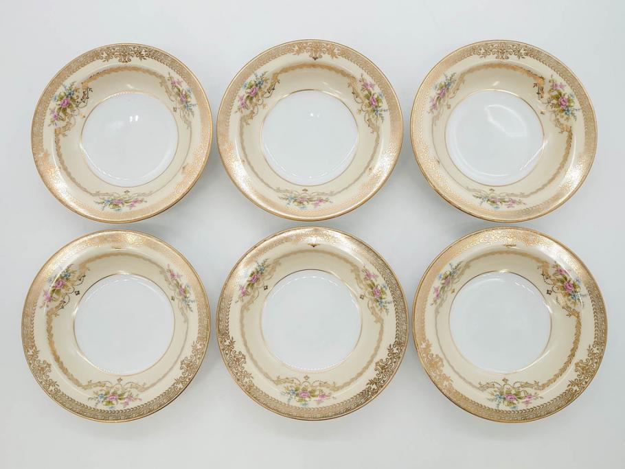 オールドノリタケ　NORITAKE　金彩　煌びやかなデザインが目を惹くボウル6客セット(花、フラワー、プレート、皿、洋食器、サラダ)(R-074112)