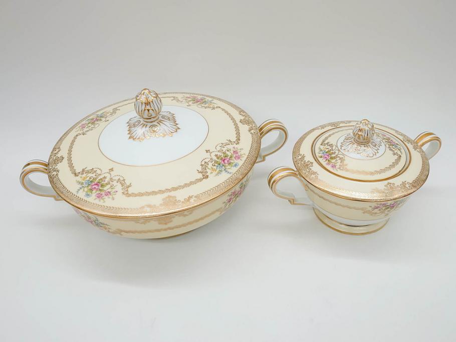 オールドノリタケ　NORITAKE　金彩　ゴールドの装飾が華やかさを演出するチューリン&シュガーポット(花、フラワー、ボンボン入れ、小物入れ、蓋物、洋食器)(R-074113)