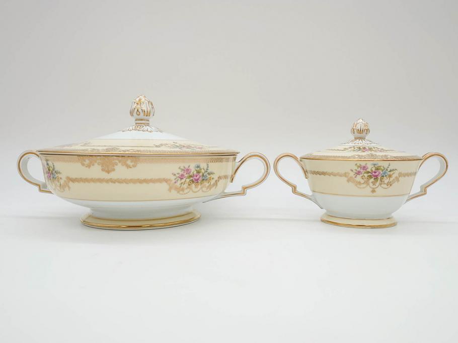 オールドノリタケ　NORITAKE　金彩　ゴールドの装飾が華やかさを演出するチューリン&シュガーポット(花、フラワー、ボンボン入れ、小物入れ、蓋物、洋食器)(R-074113)