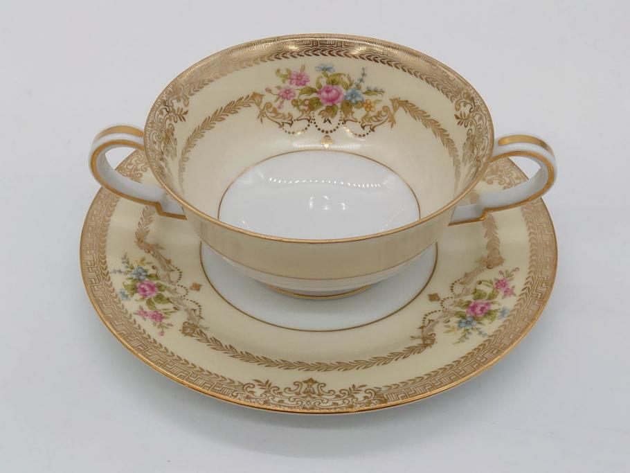 オールドノリタケ　NORITAKE　金彩　繊細なデザインがエレガントな雰囲気を醸し出すスープカップ&ソーサー3客セット(花、フラワー、C&S、洋食器)(R-074115)