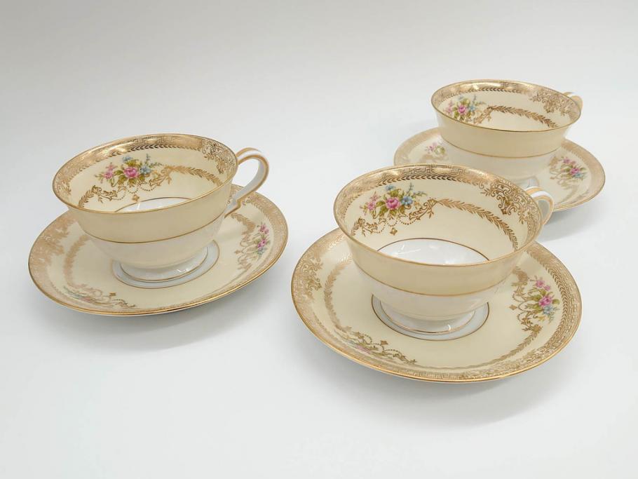 オールドノリタケ　NORITAKE　金彩　ティータイムが華やかになるティーカップ&ソーサー3客セット(花、フラワー、C&S、洋食器)(R-074118)