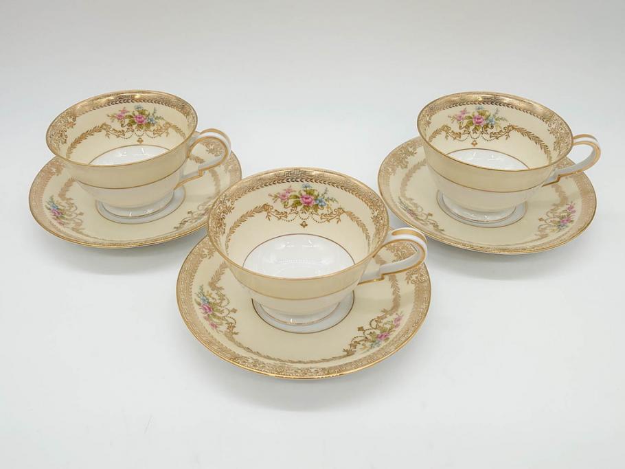 オールドノリタケ　NORITAKE　金彩　ティータイムが華やかになるティーカップ&ソーサー3客セット(花、フラワー、C&S、洋食器)(R-074118)