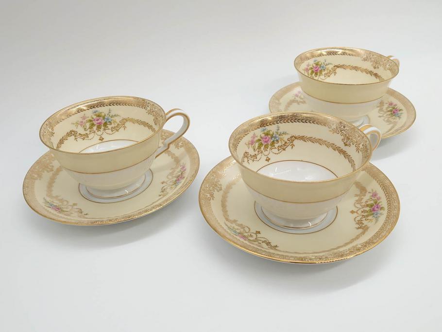 オールドノリタケ　NORITAKE　金彩　ティータイムが華やかになるティーカップ&ソーサー3客セット(花、フラワー、C&S、洋食器)(R-074119)