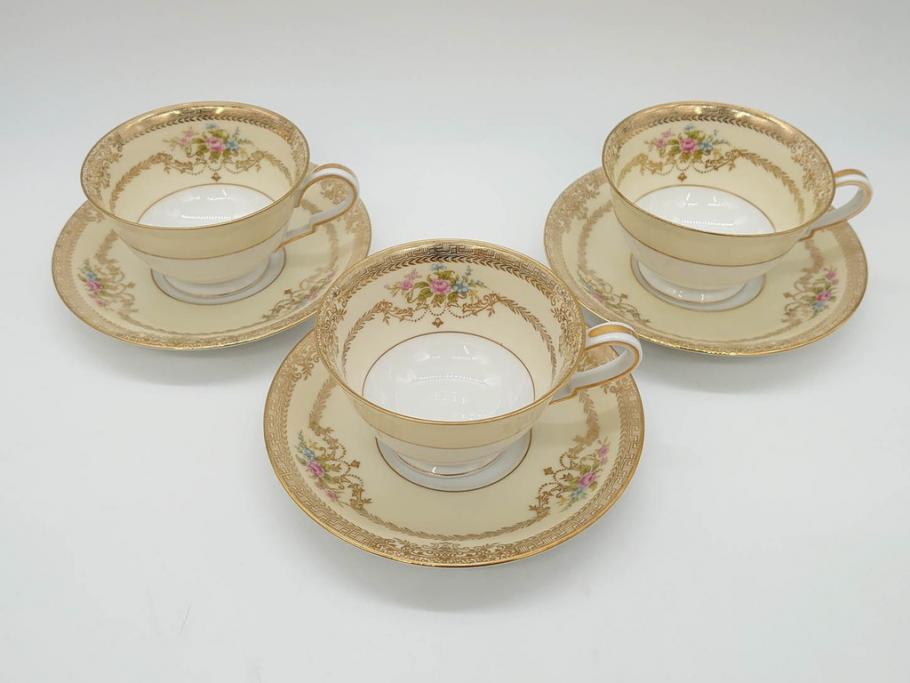 オールドノリタケ　NORITAKE　金彩　ティータイムが華やかになるティーカップ&ソーサー3客セット(花、フラワー、C&S、洋食器)(R-074119)